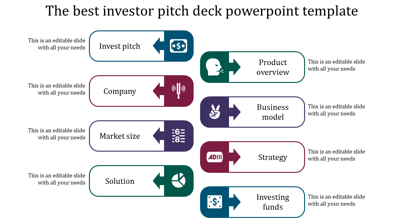 Investor pitch process slide with alternating colored rectangles and arrows, highlighting eight key steps.