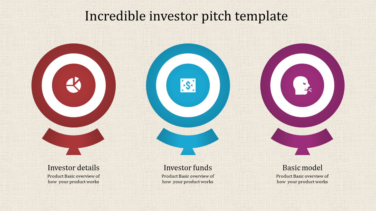 Three circular targets in red, blue, and purple with icons and descriptions below, on a textured beige background.