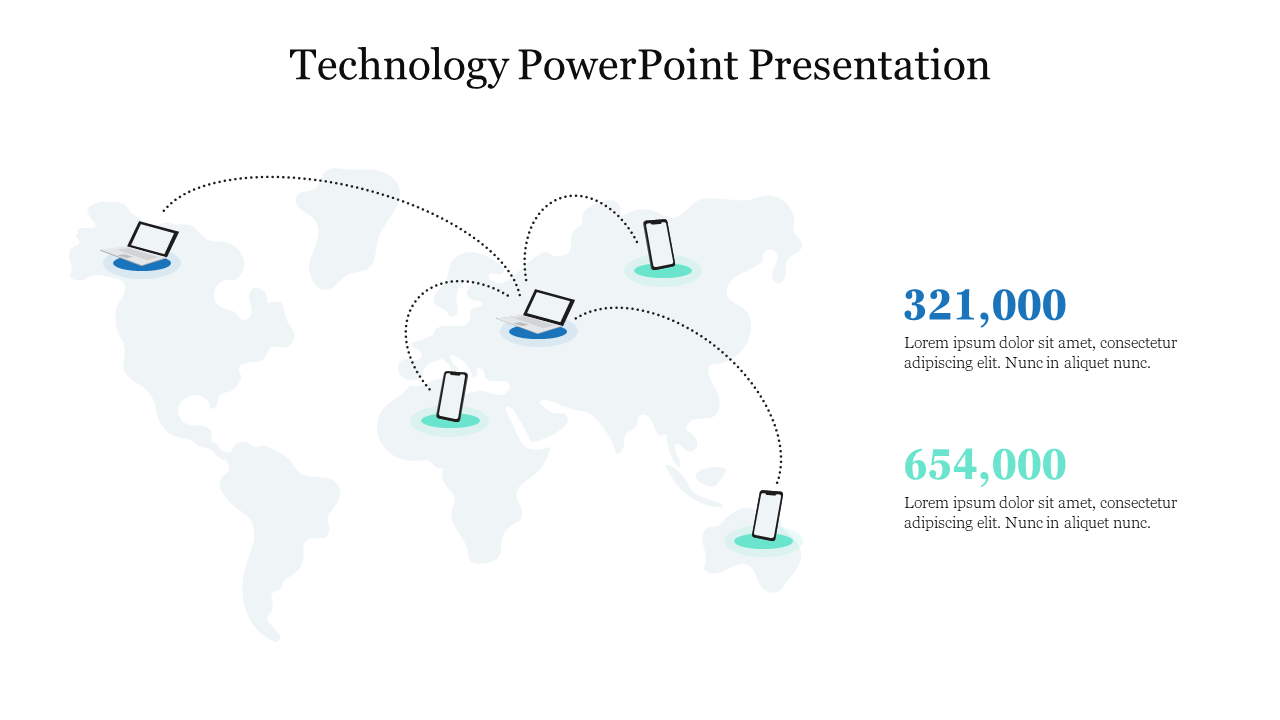 Technology PPT slide with a world map showing laptops and mobile phones connected by dotted lines, with statistics.