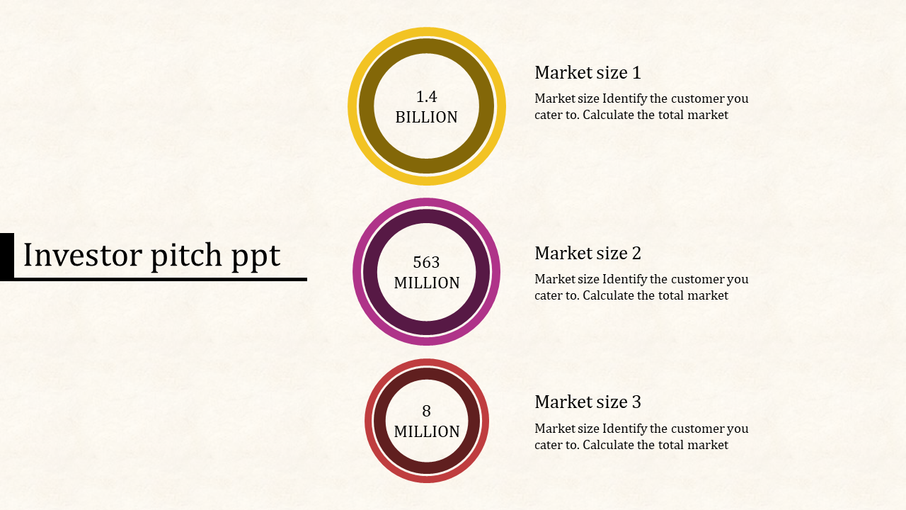 Investor pitch layout showing three circular icons in yellow, purple, and red, with labels for billions and millions.