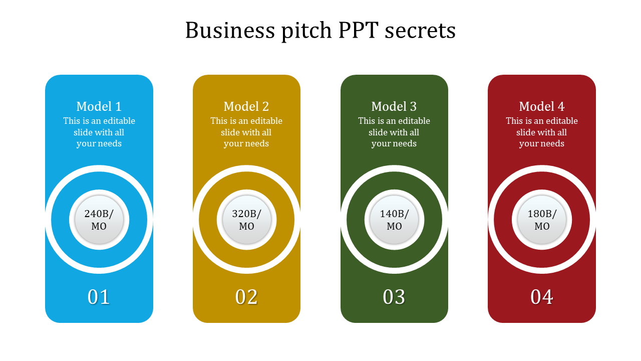 Business pitch PowerPoint template with four colorful models, each featuring different pricing details and sections.