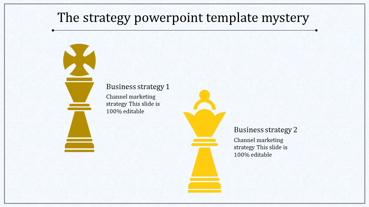 A strategy slide showing two chess pieces, a king and a queen, representing business strategies with text sections.