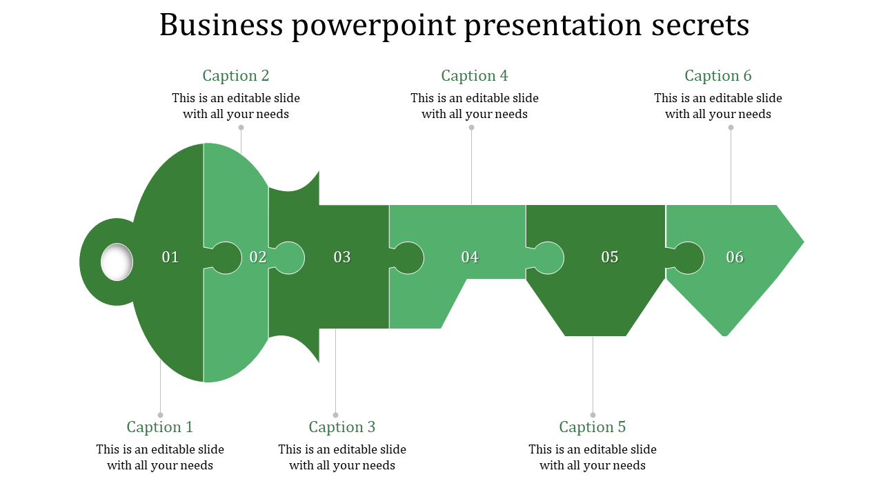 Business PPT presentation template is shaped like a key in green, with sections numbered from 01 to 06 for content.