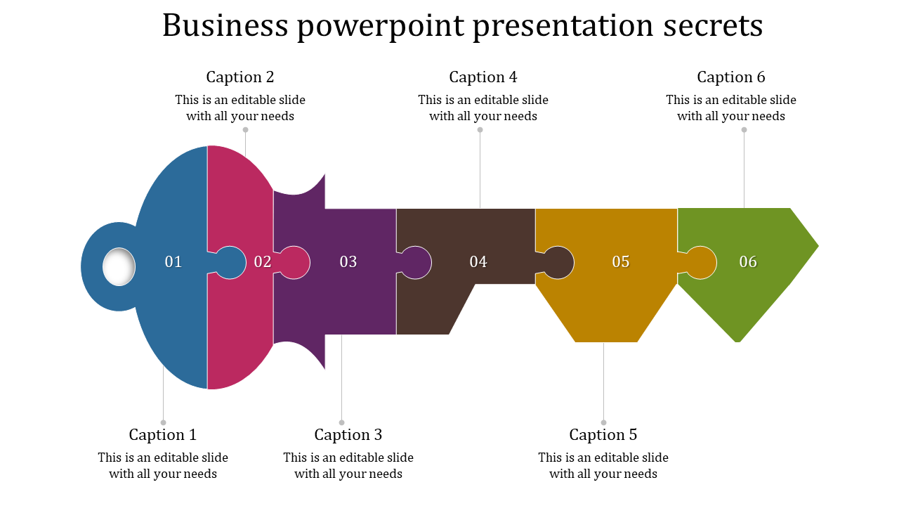 Business PowerPoint presentation slide with six colorful puzzle pieces, each labeled with a caption and content.