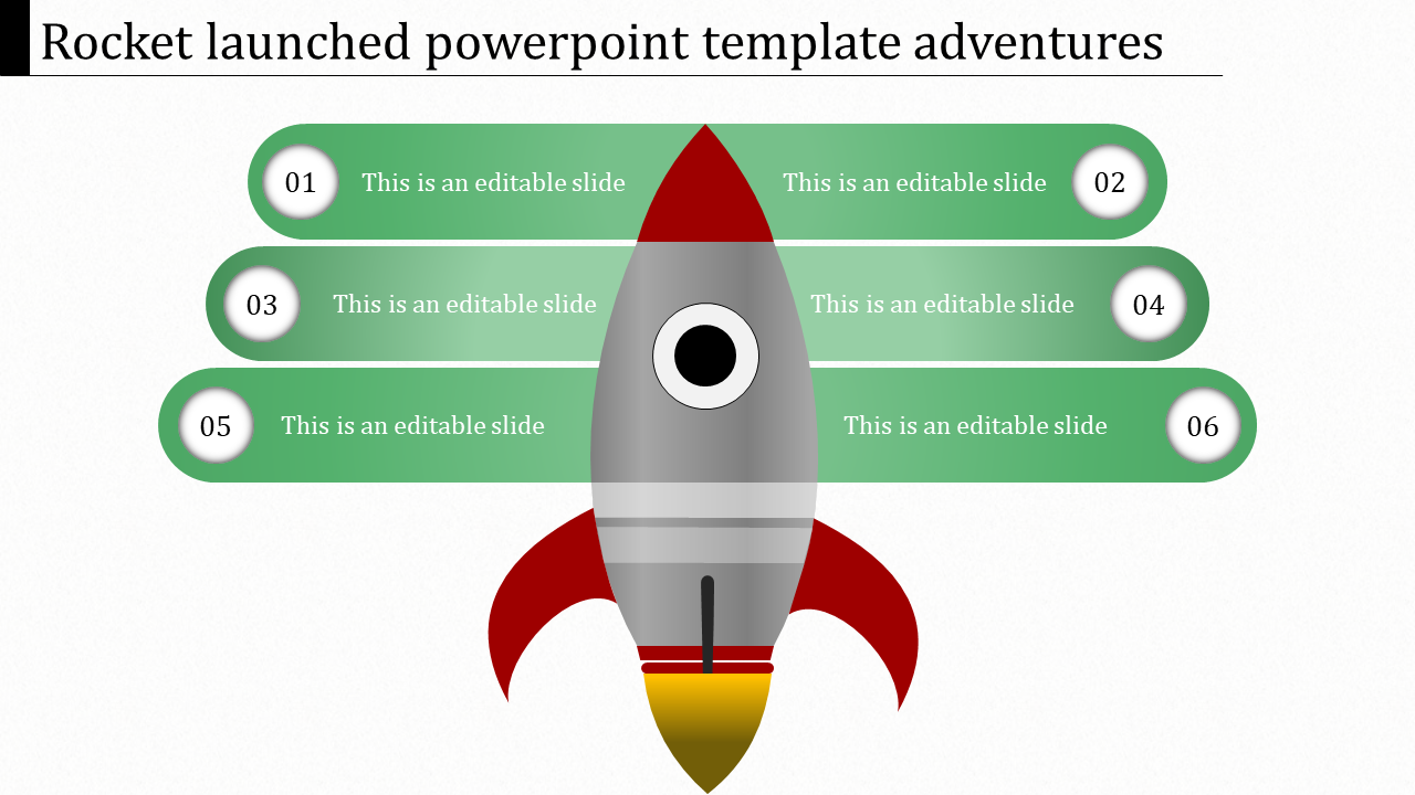 Rocket launch themed PowerPoint template featuring numbered sections with a rocket illustration in the center.