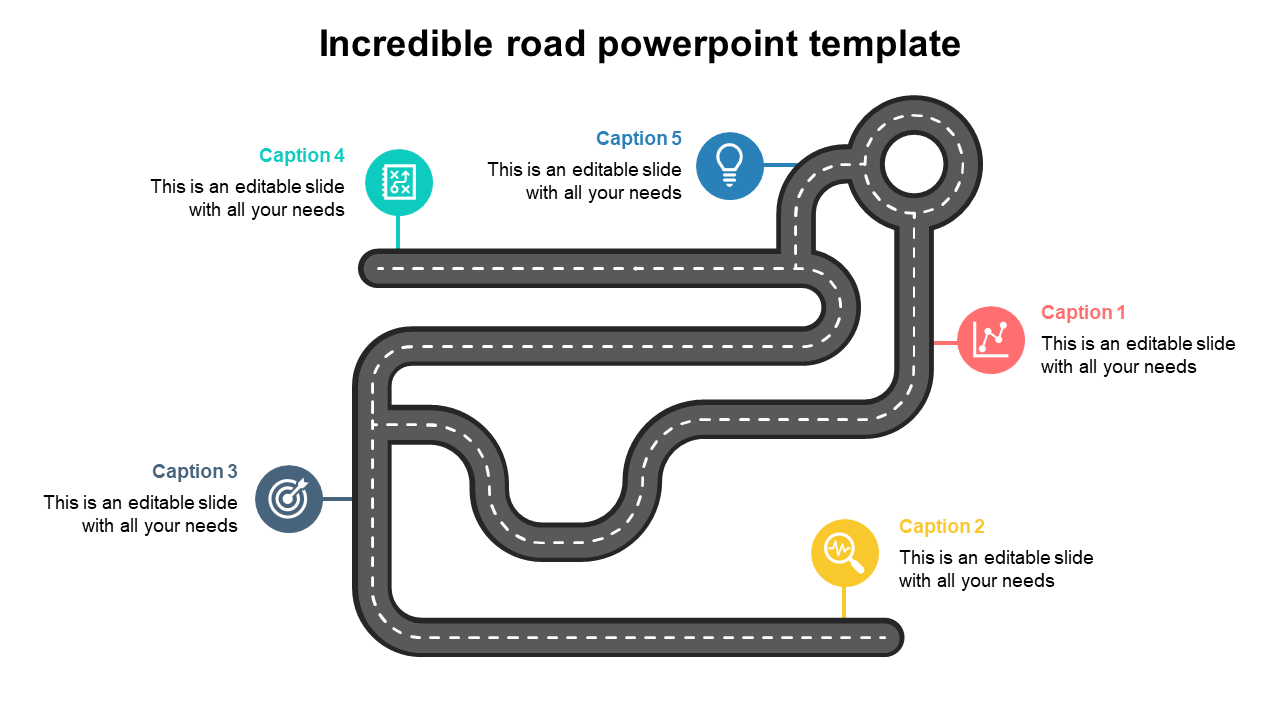 Roadmap PowerPoint template featuring a winding road with colorful captions for each section and icons.