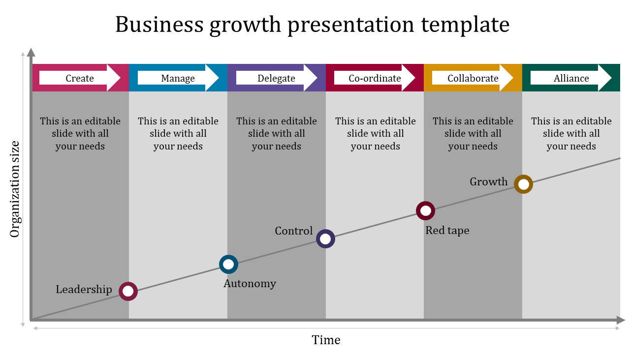 A business growth chart with six colored arrows at the top and a rising line graph, tracking growth over time.