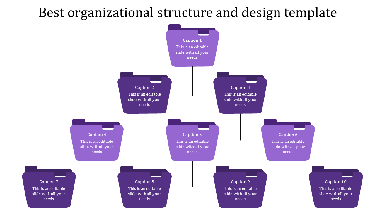 Best organizational structure slide featuring a purple hierarchical diagram with ten placeholder sections.