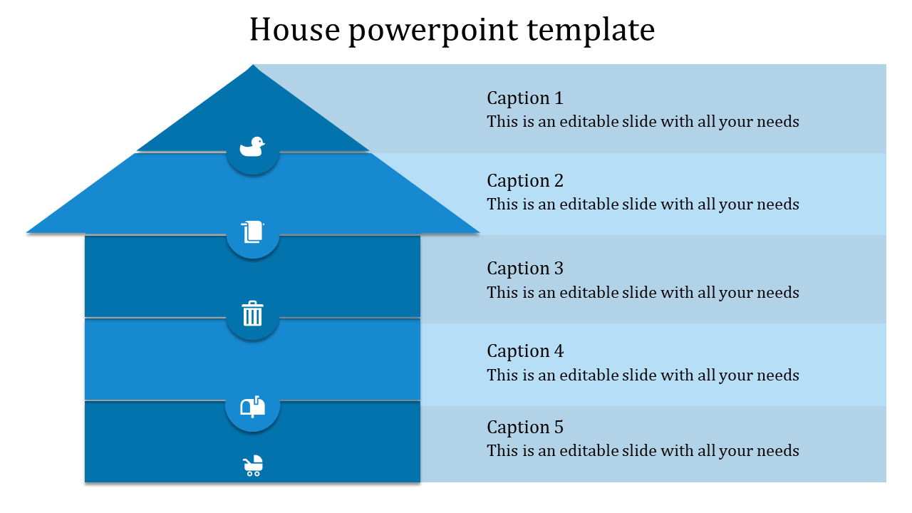 Blue house shaped slide with five sections, each featuring an icon and text caption.