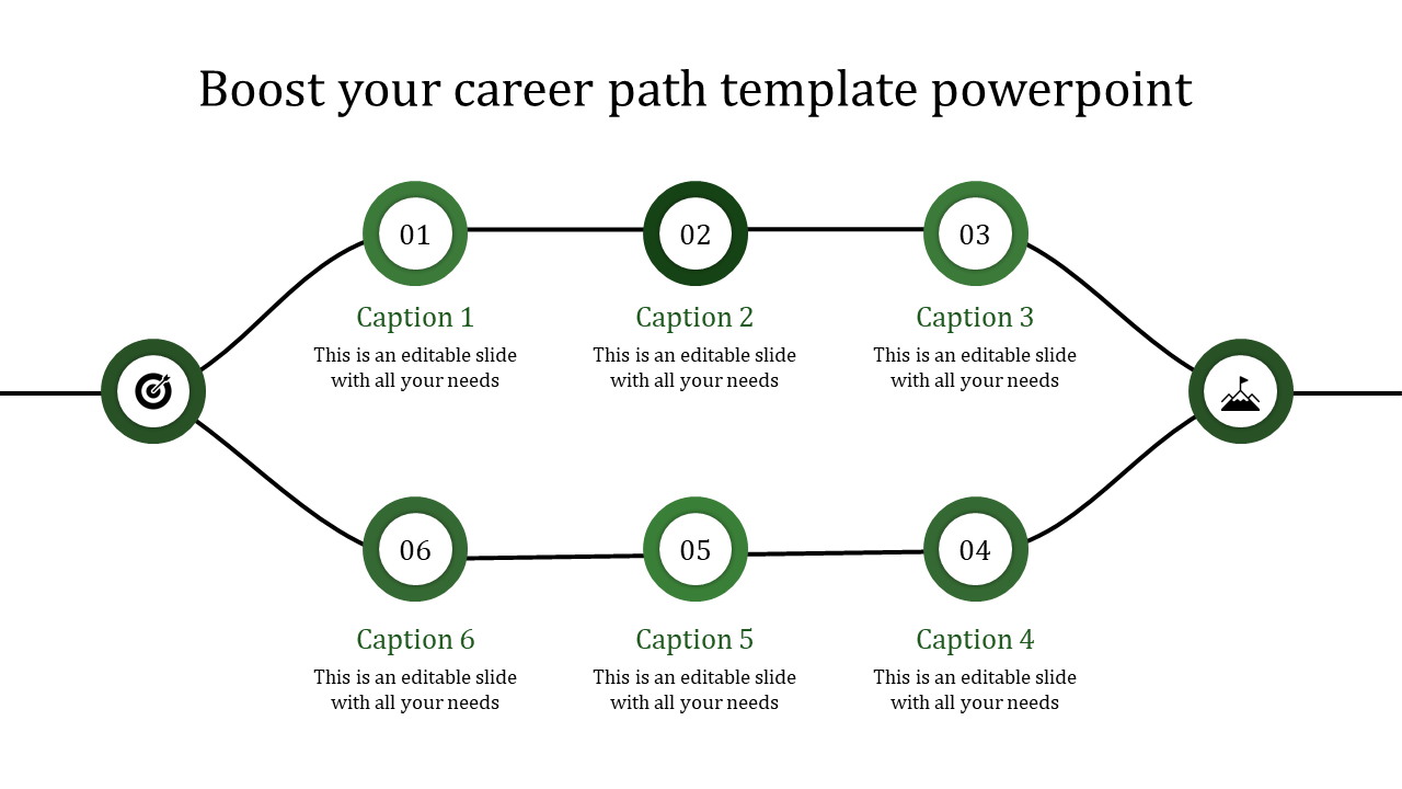 Career path template with six green circular nodes connected by a line in a zigzag layout, symbolizing progression.