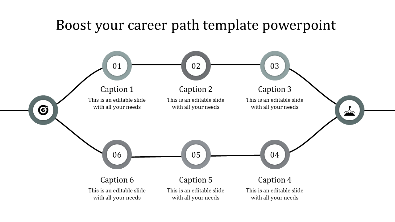 Grey themed career path slide showing six connected nodes in a zigzag format, representing sequential steps.