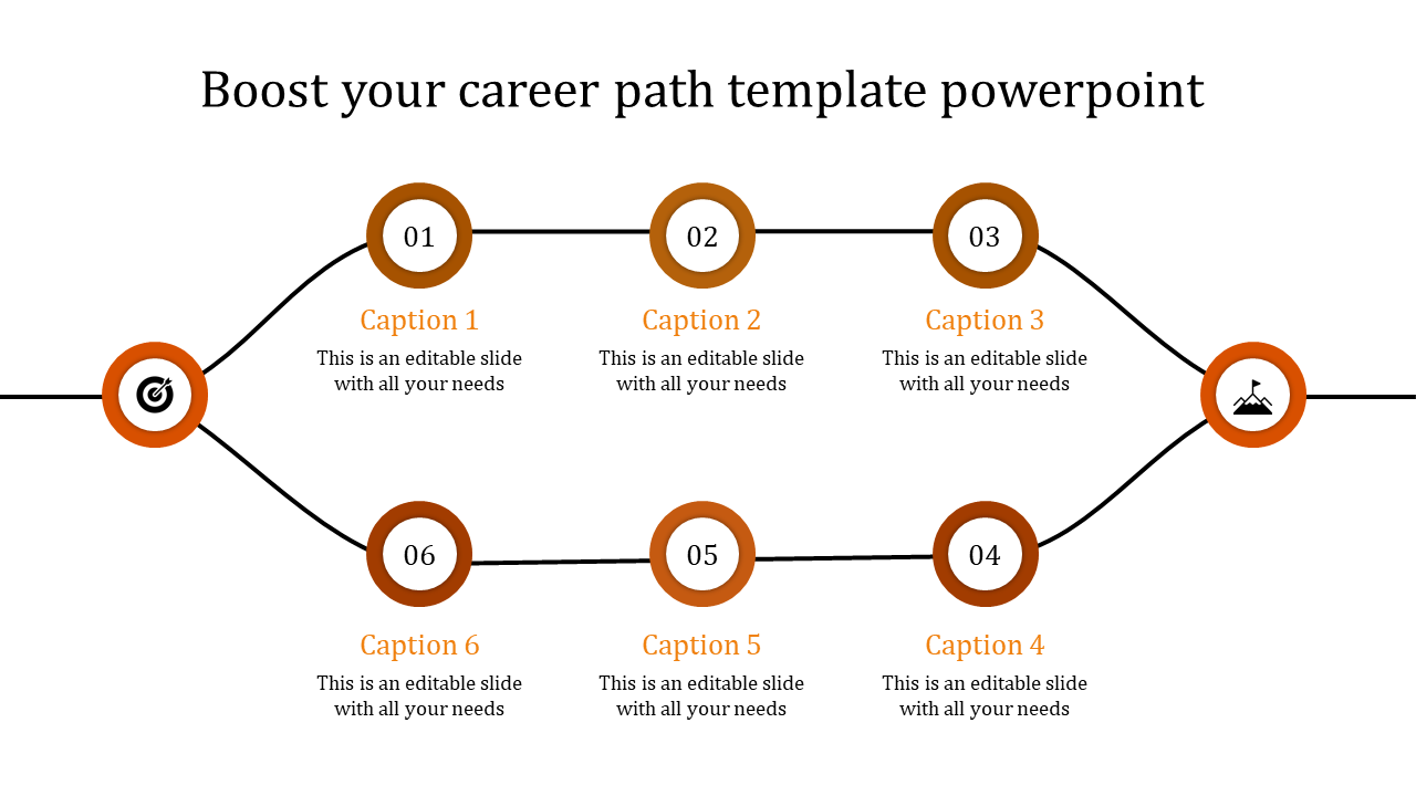 Career progression slide template showing six numbered points, each with a descriptive caption and icons for target and flag.