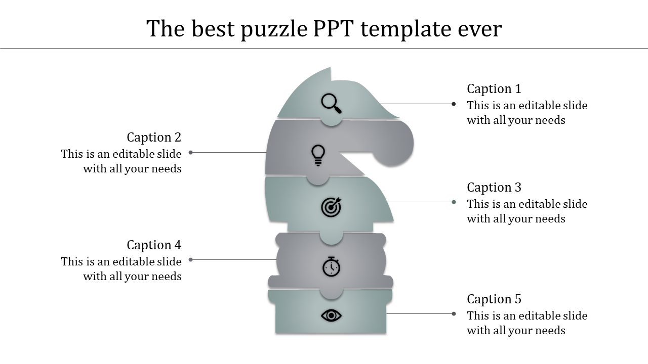 Gray toned puzzle slide shaped like a knight, featuring five stacked segments with distinct icons and captions.