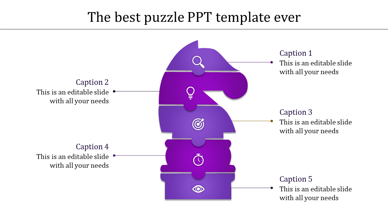 Puzzle infographic shaped like a knight chess piece, divided into five purple segments, each linked to a caption areas.