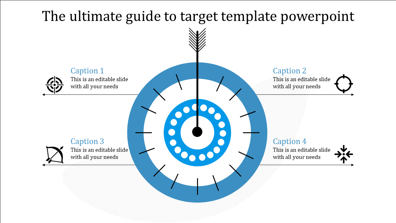 Target-themed infographic with an arrow surrounded by four descriptive captions and icons representing focus and goals.