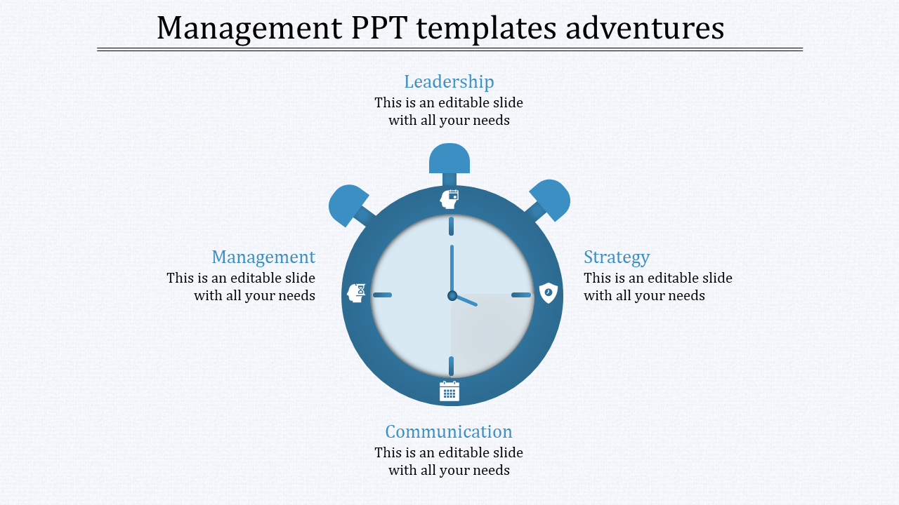 Circular infographic resembling a stopwatch, showing four management concepts with  icons and text placed ina white background.