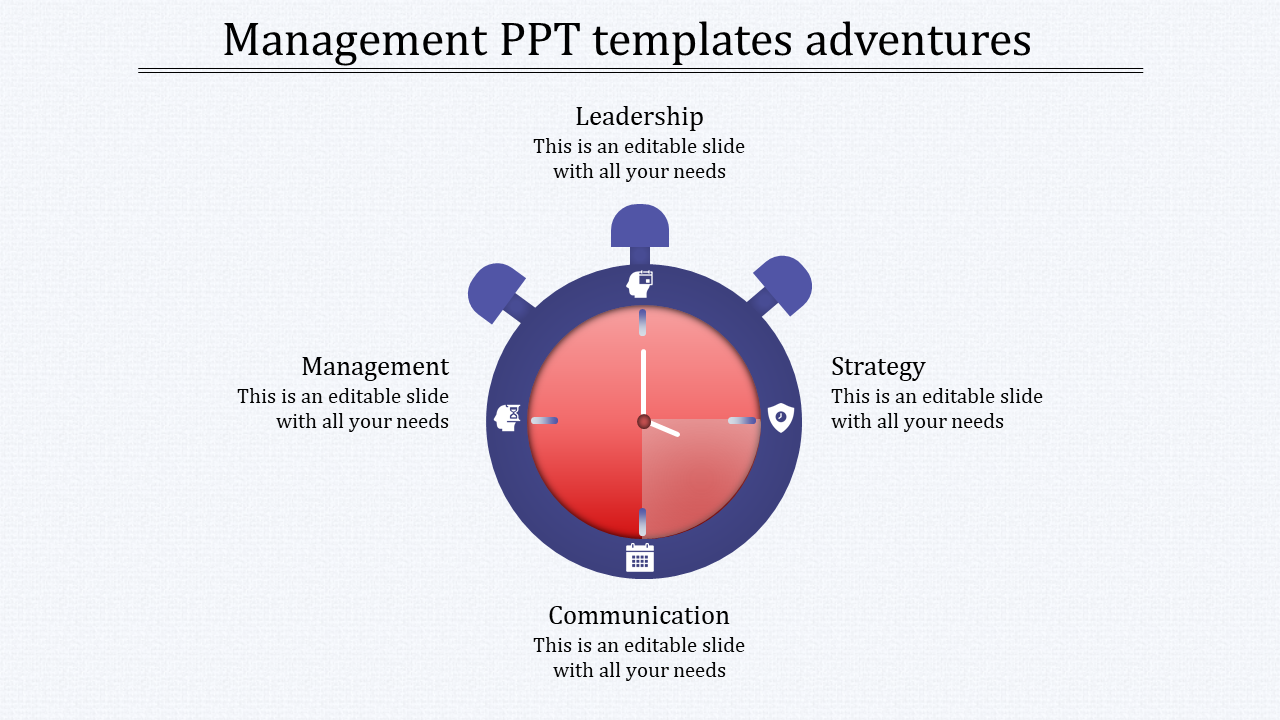 Management PPT slide featuring a purple circular diagram with four sections with icons and placeholder text.