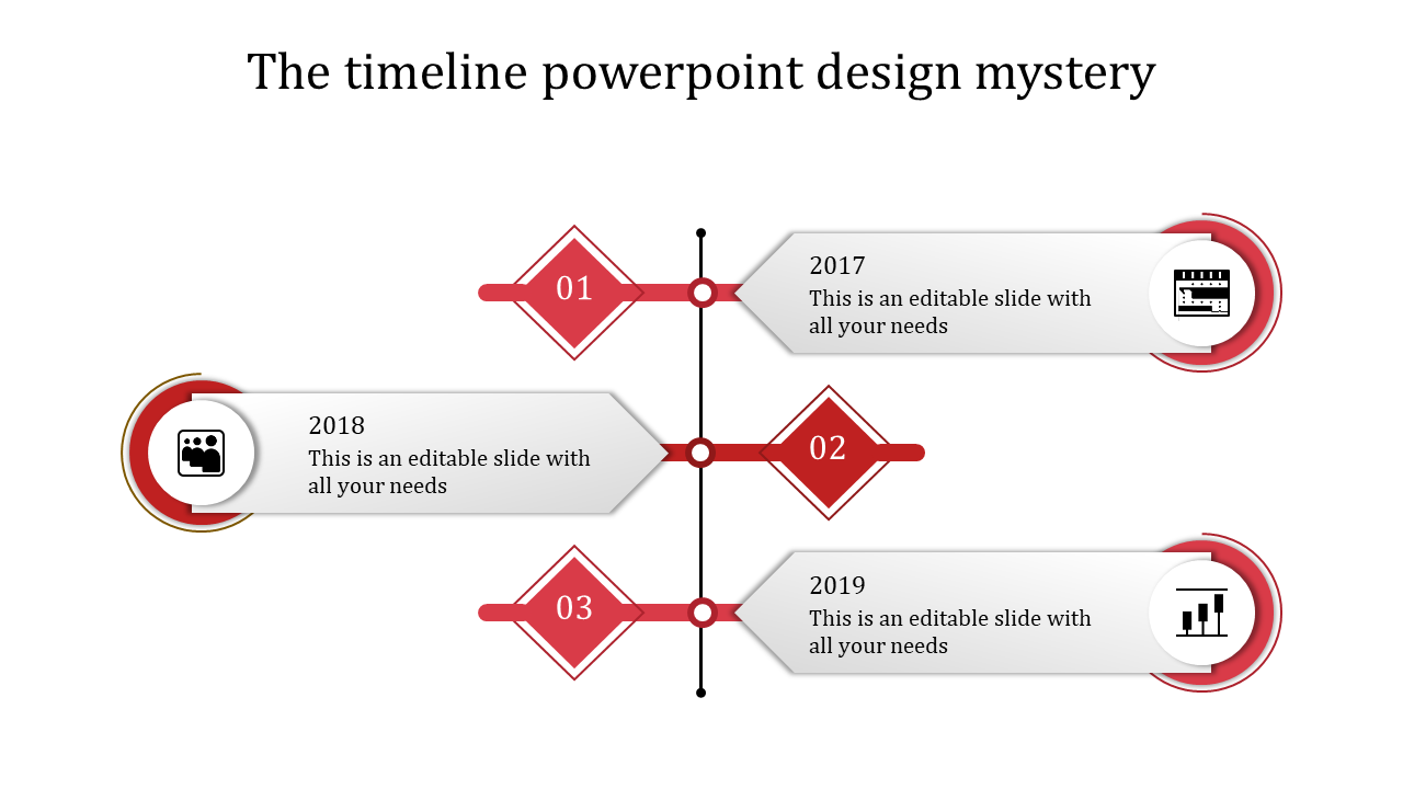 A minimalist red themed timeline PPT template with circular and diamond markers, displaying the years 2017, 2018, and 2019.