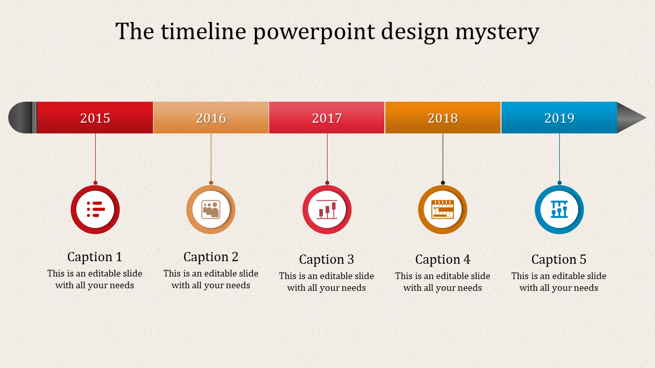 Timeline PPT slide with colorful year markers for 2015 to 2019, each year represented by a circular icon and caption.