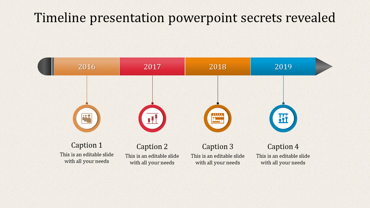 Timeline PowerPoint slide with colorful sections for 2016 to 2019, showing icons and captions for each year.