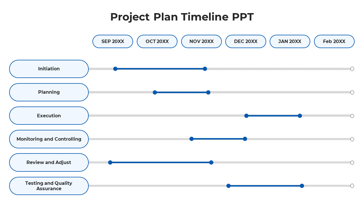 Project schedule with six blue progress indicators, task labels on the left, and monthly milestones at the top.