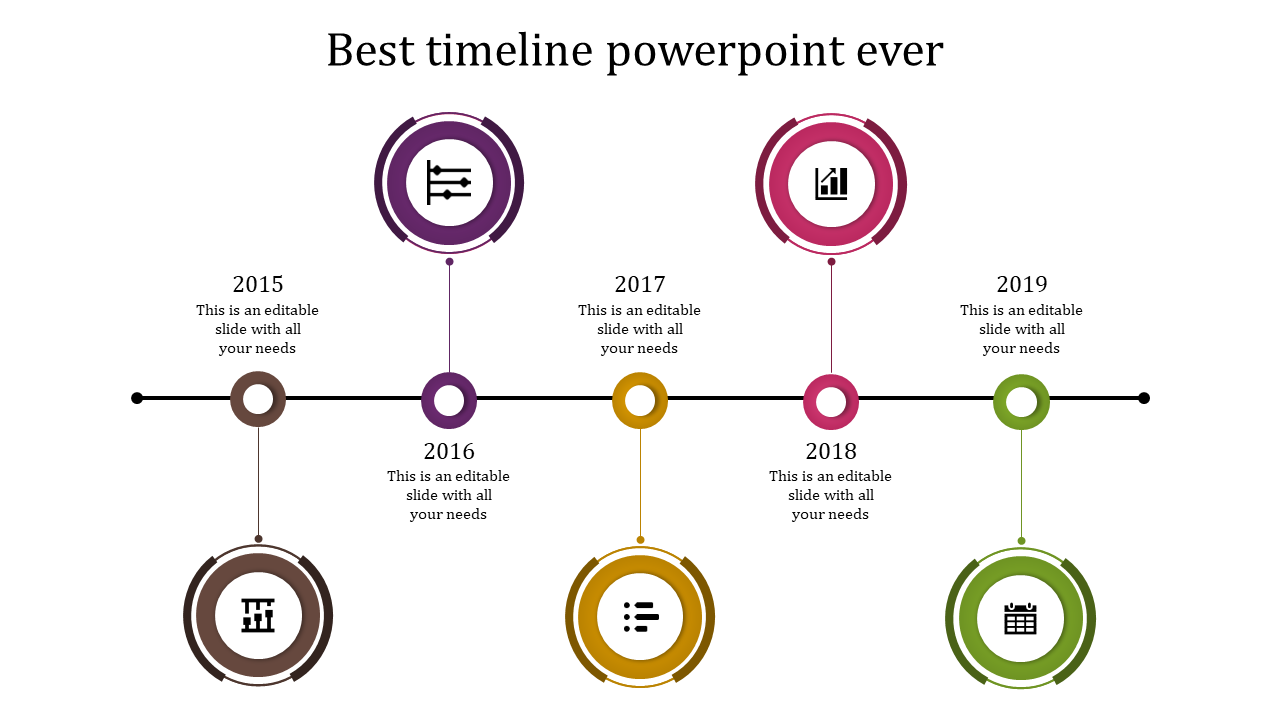 Timeline slide with five circular icons in brown, purple, yellow, pink, and green, connected by a black horizontal line.