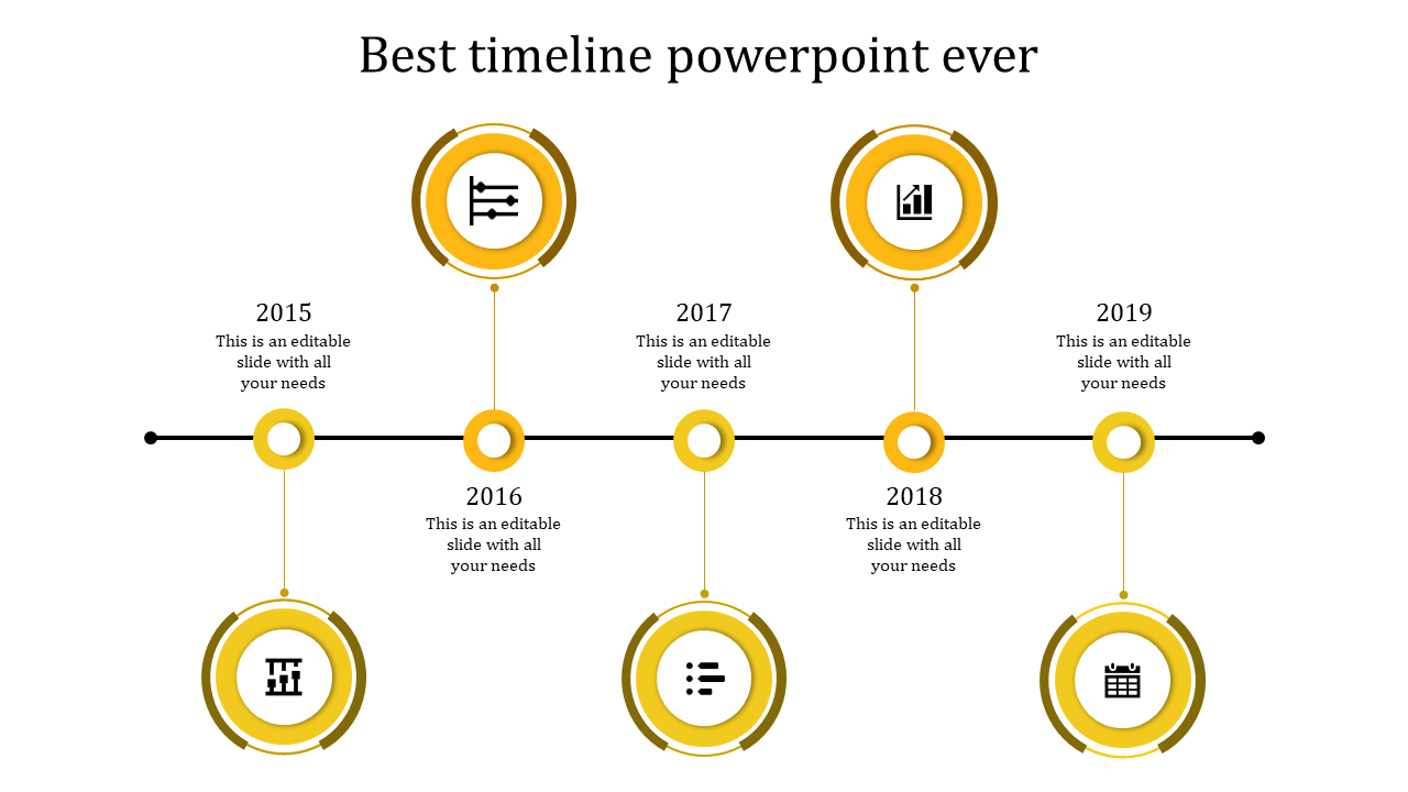 A yellow themed timeline PPT slide from 2015 to 2019, featuring circles for business milestones with icons.