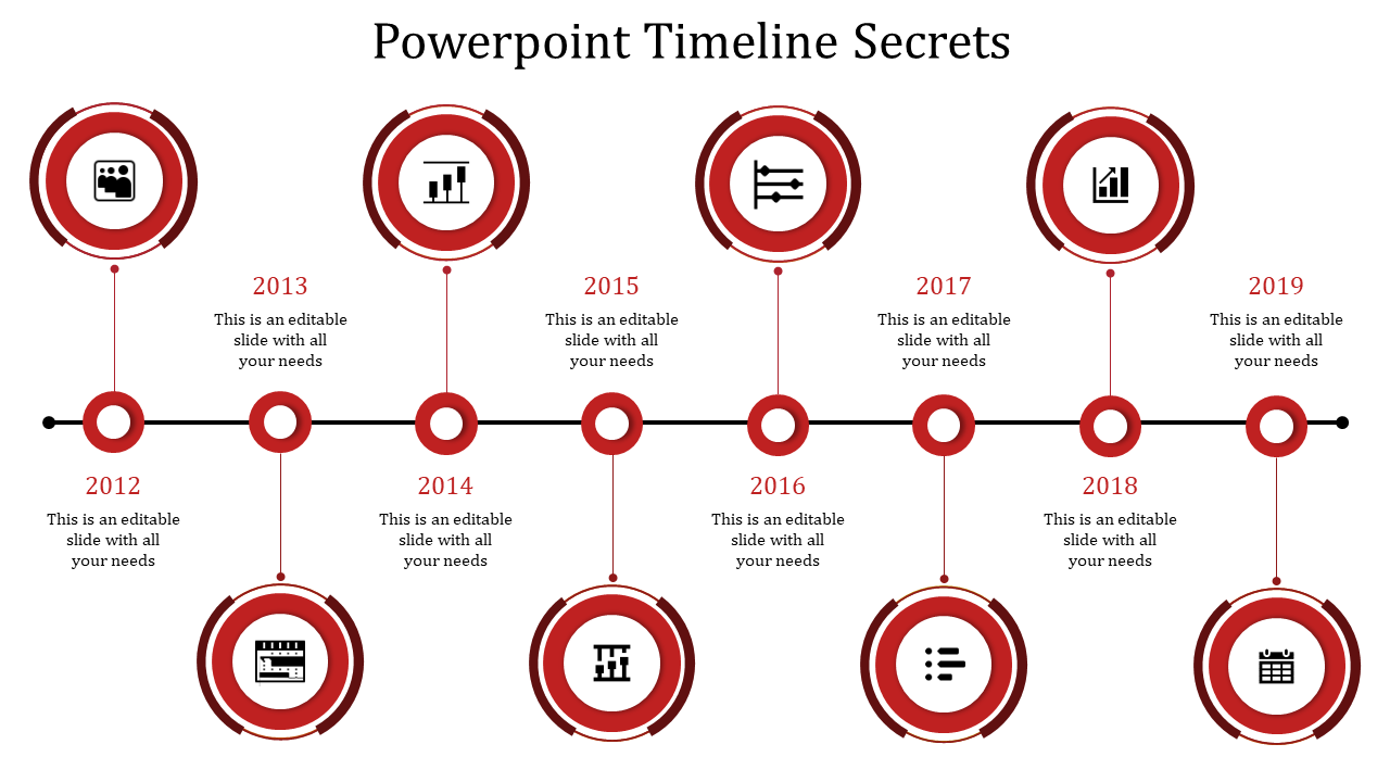 A PPT timeline slide with years 2012 to 2019, each marked with red circles containing various icons representing stages.