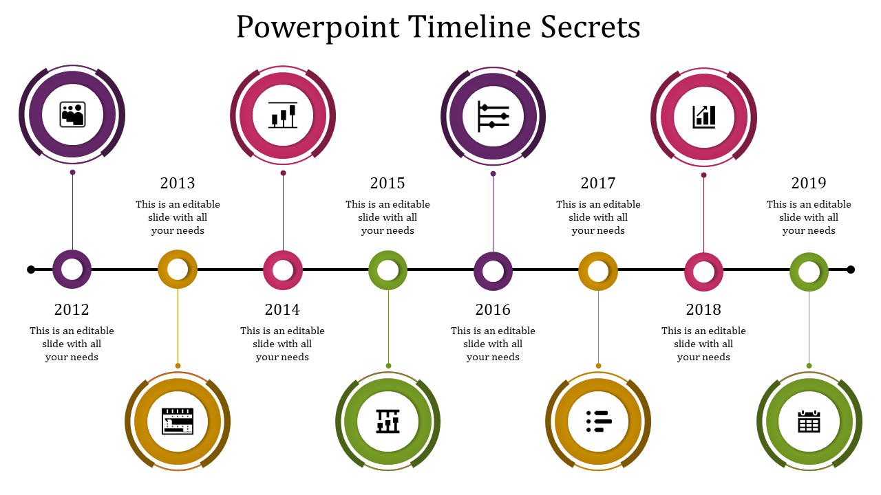 A PPT timeline slide with years from 2012 to 2019, each marked with a colorful circle containing various icons and text.