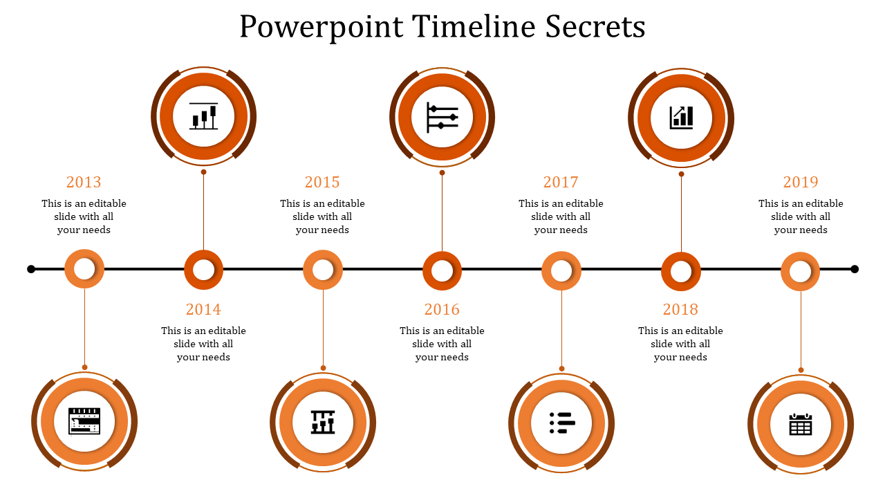 A slide showing a horizontal timeline with eight key years marked by circular icons, connected through a central line.