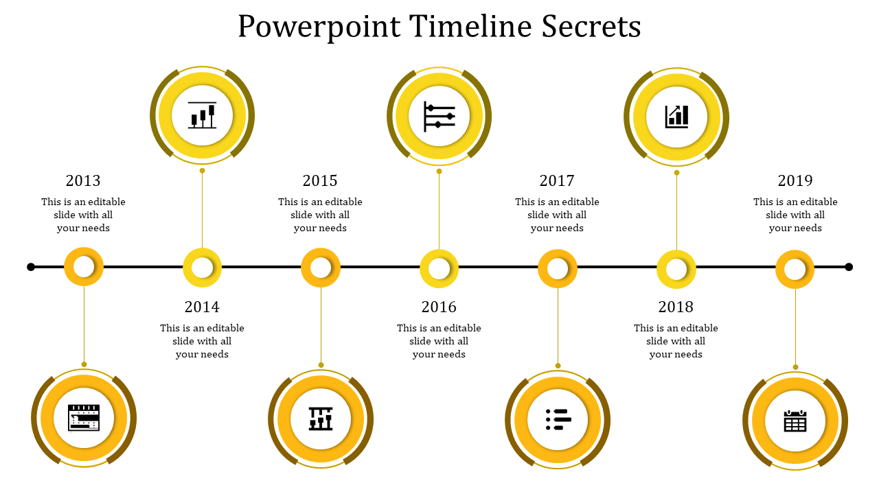 Timeline design with seven yellow circular icons, on a black connecting line, each with text placeholders.