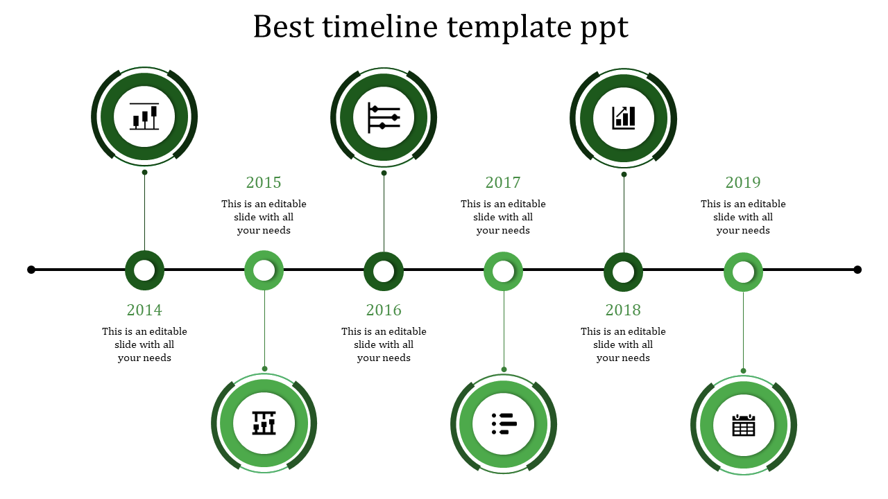 Green themed horizontal timeline infographic with six circular icons and milestone markers connected by a black line.