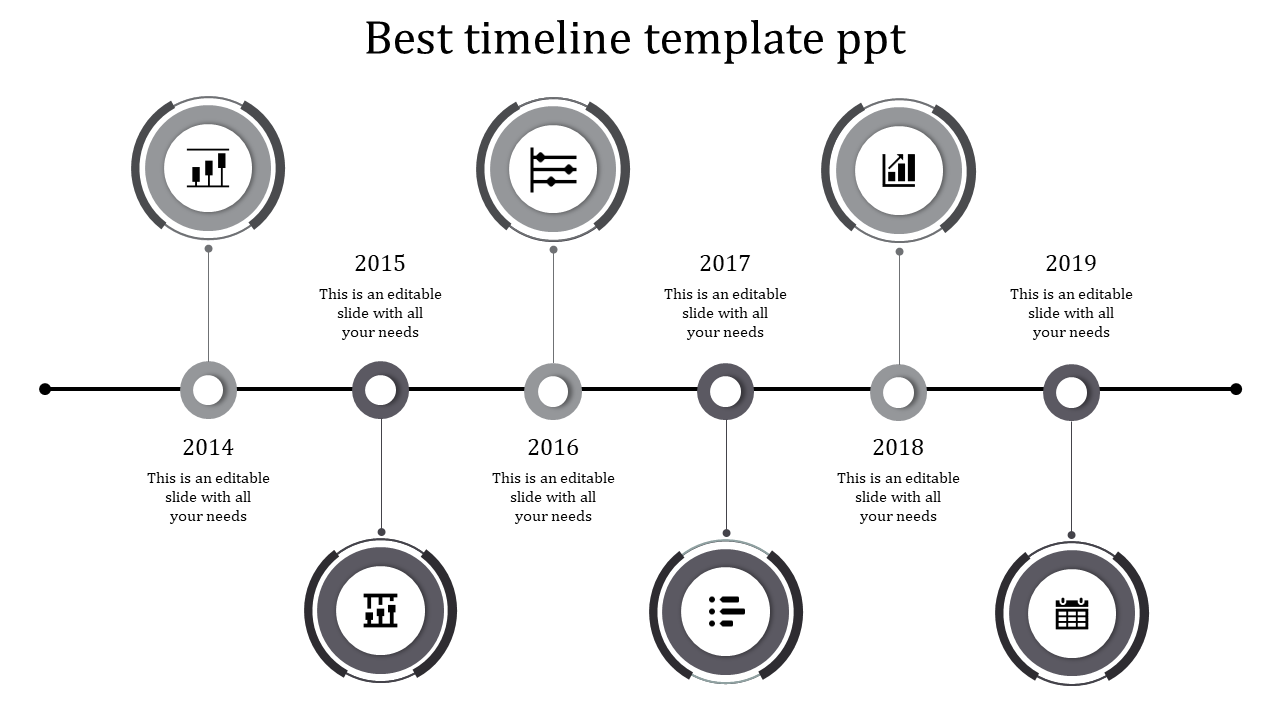 A monochromatic timeline PPT slide featuring grey circular milestones from 2014 to 2019, each with icons for business tasks.