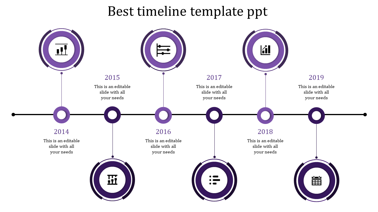 A timeline PPT slide featuring purple circular milestones from 2014 to 2019, each with icons for business tasks.