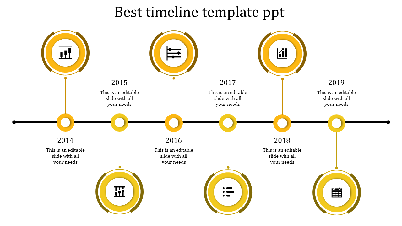 Timeline with six yellow circles and icons marking years, displaying a sequence of events across a horizontal axis.