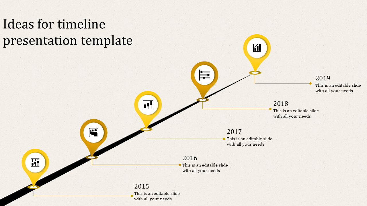 Timeline PowerPoint slide with yellow location pins for 2015 to 2019, each containing an icon and caption.