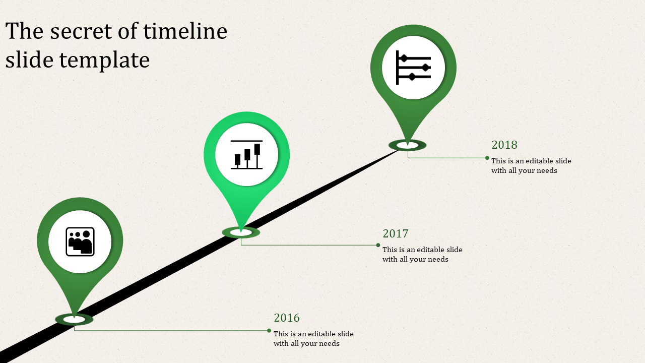 Simplistic timeline illustration with green map markers and icons, spanning 2016 to 2018 placed in a light backdrop.