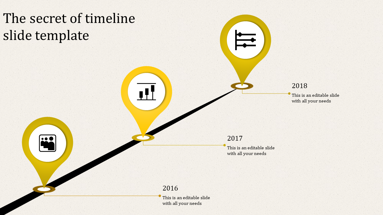 Timeline representation featuring yellow pins, milestone icons, and labels for 2016, 2017, and 2018.