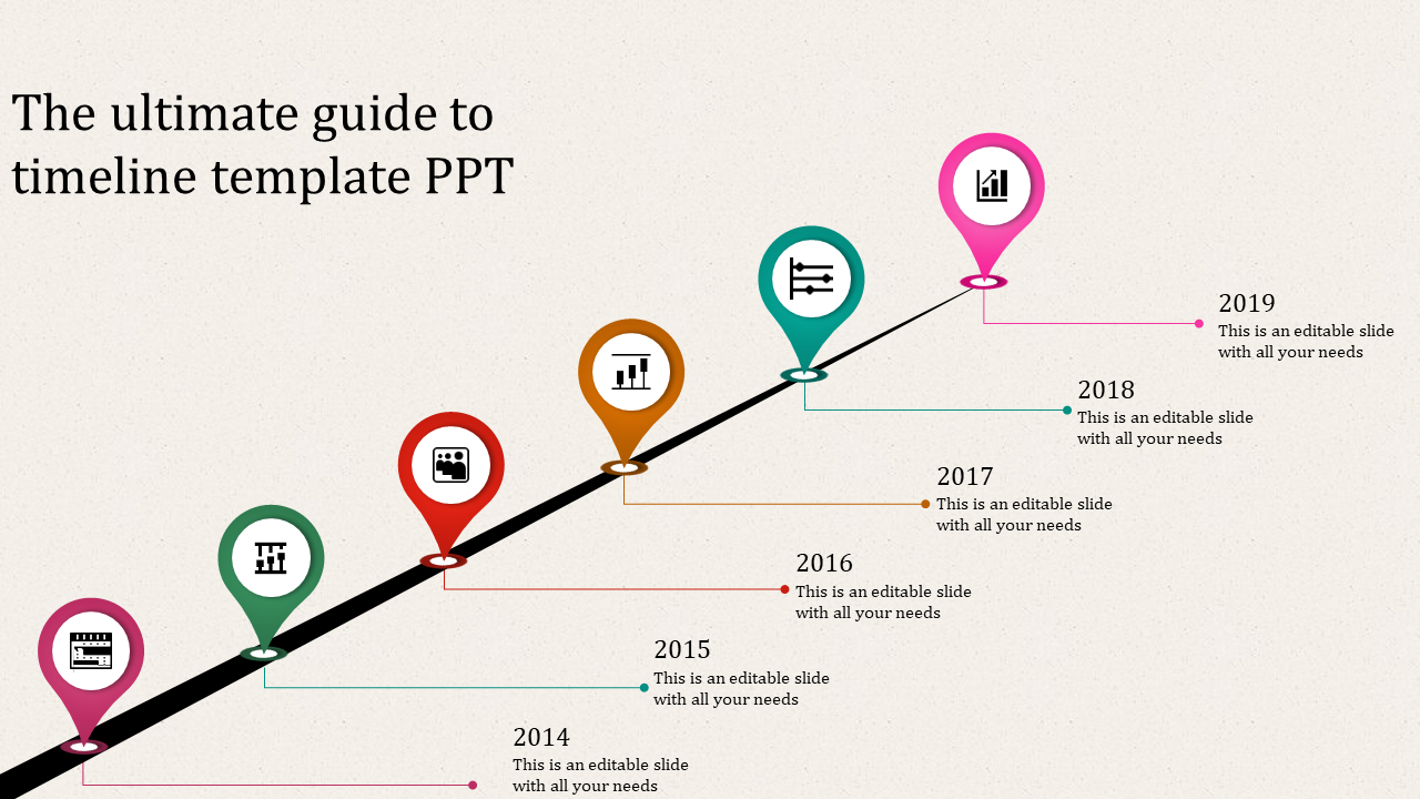 Six multicolored map pins on a diagonal black timeline, marking key years with icons and connected text descriptions.