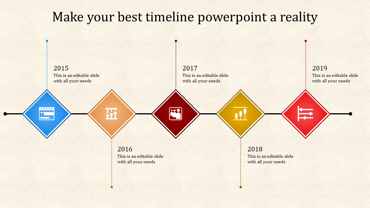 Timeline PPT slide from 2015 to 2019 with colorful diamond shapes and icons, connected by a line on a beige background.