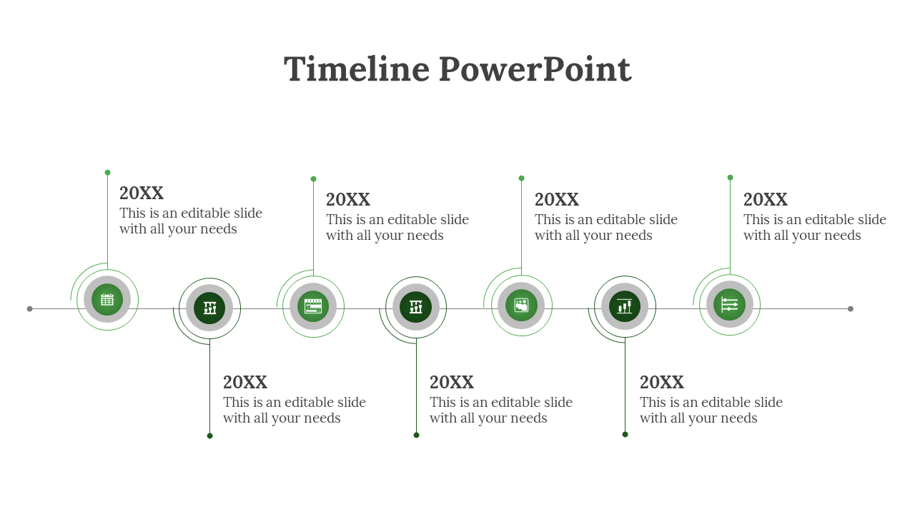 Timeline with seven green circular markers, black milestone text, arranged on a thin horizontal gray connector line.