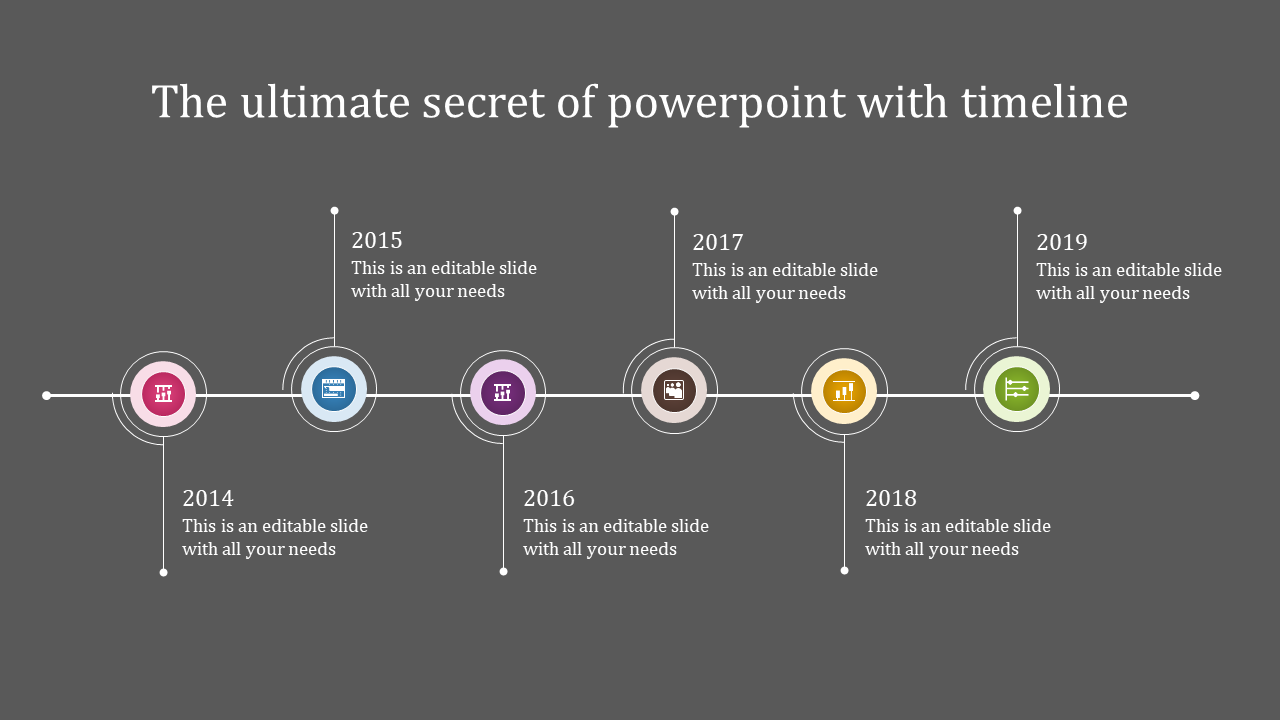 Timeline template with colorful icons for each year from 2014 to 2019, arranged sequentially along a horizontal grey line.