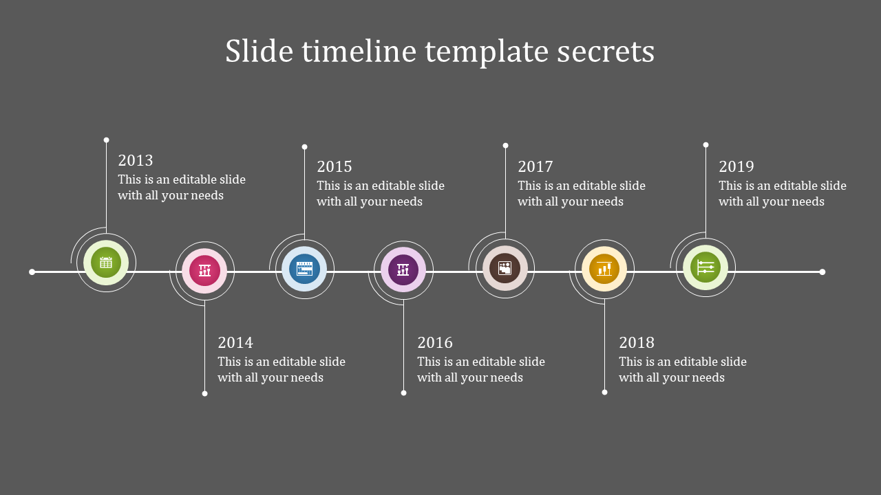 Timeline slide with icons for different years from 2013 to 2019, featuring calendar, film, chart, and bar graph symbols.