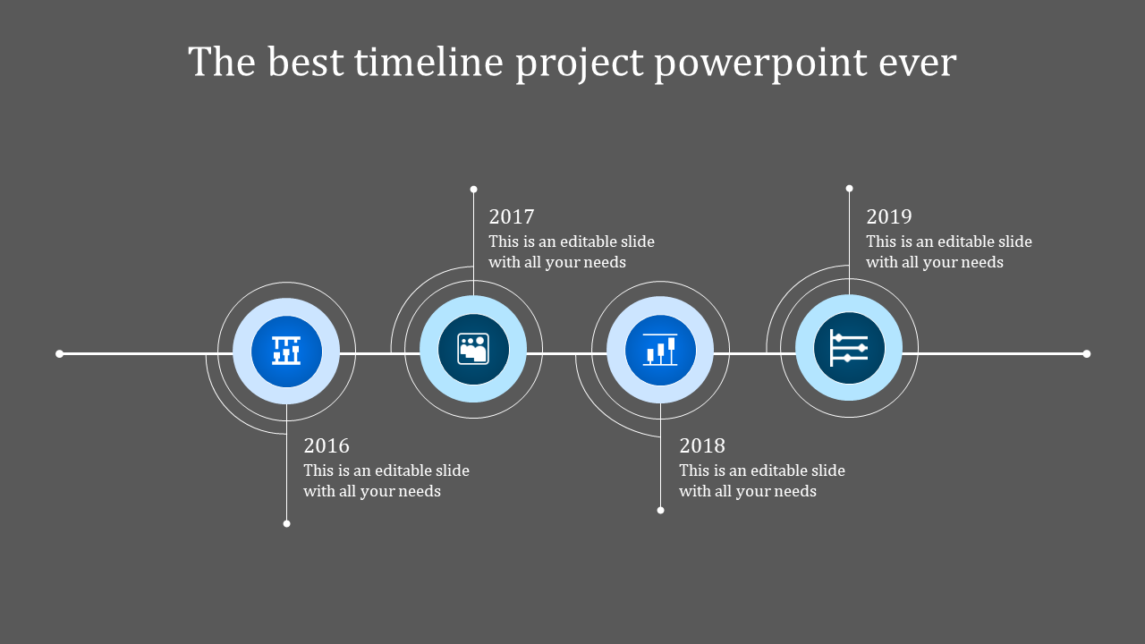 Timeline with blue circles featuring icons, and thin white connectors displaying milestone years from 2016 to 2019.