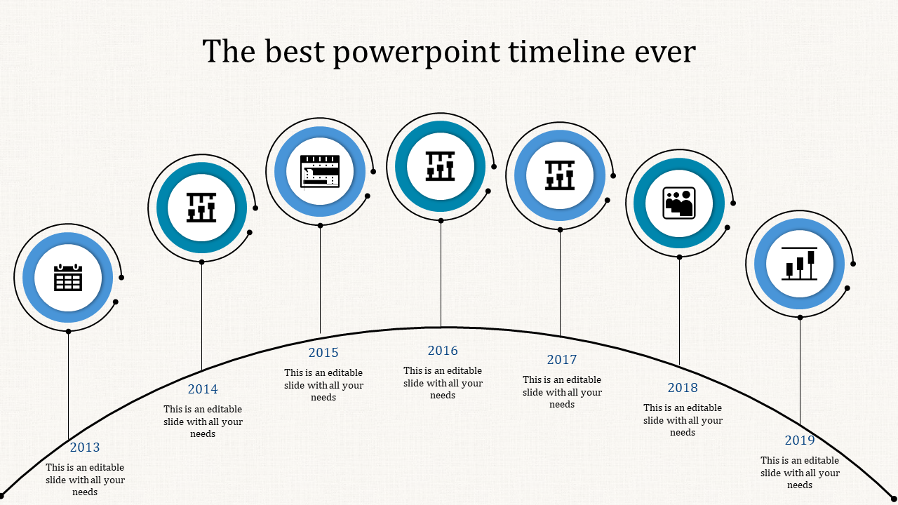 Business timeline slide with key milestones from 2013 to 2019, each represented by blue icons and text placeholders.