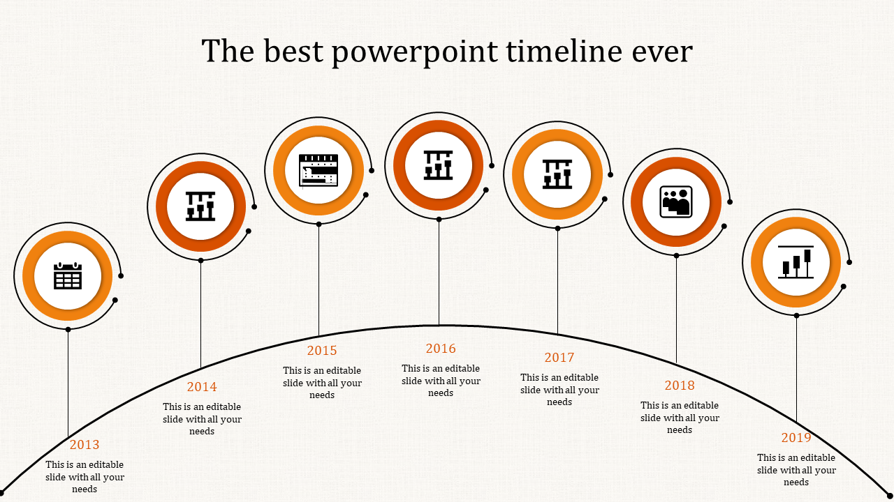 Curved timeline with seven orange circular markers from 2013 to 2019, connected by vertical lines, each with icons inside.