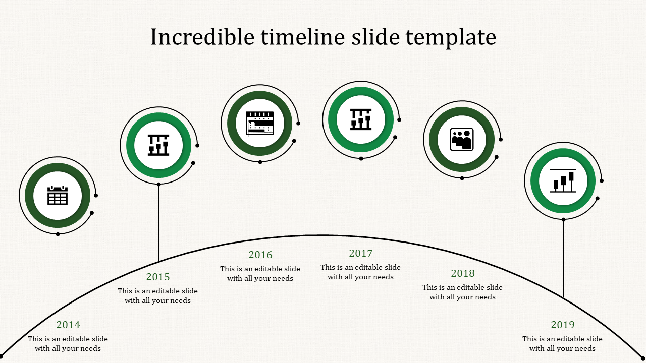 Timeline slide with six evenly spaced green circular milestone markers arranged on a curved black arc.