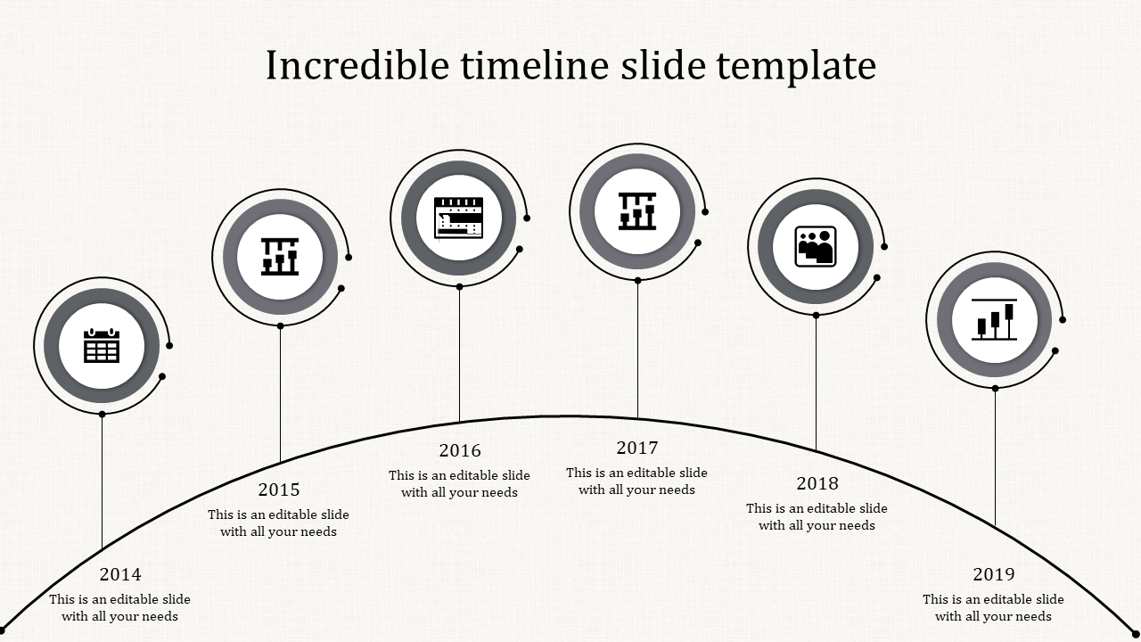 Arched timeline with six black circles representing 2014-2019, each with an icon and text below on a light background.