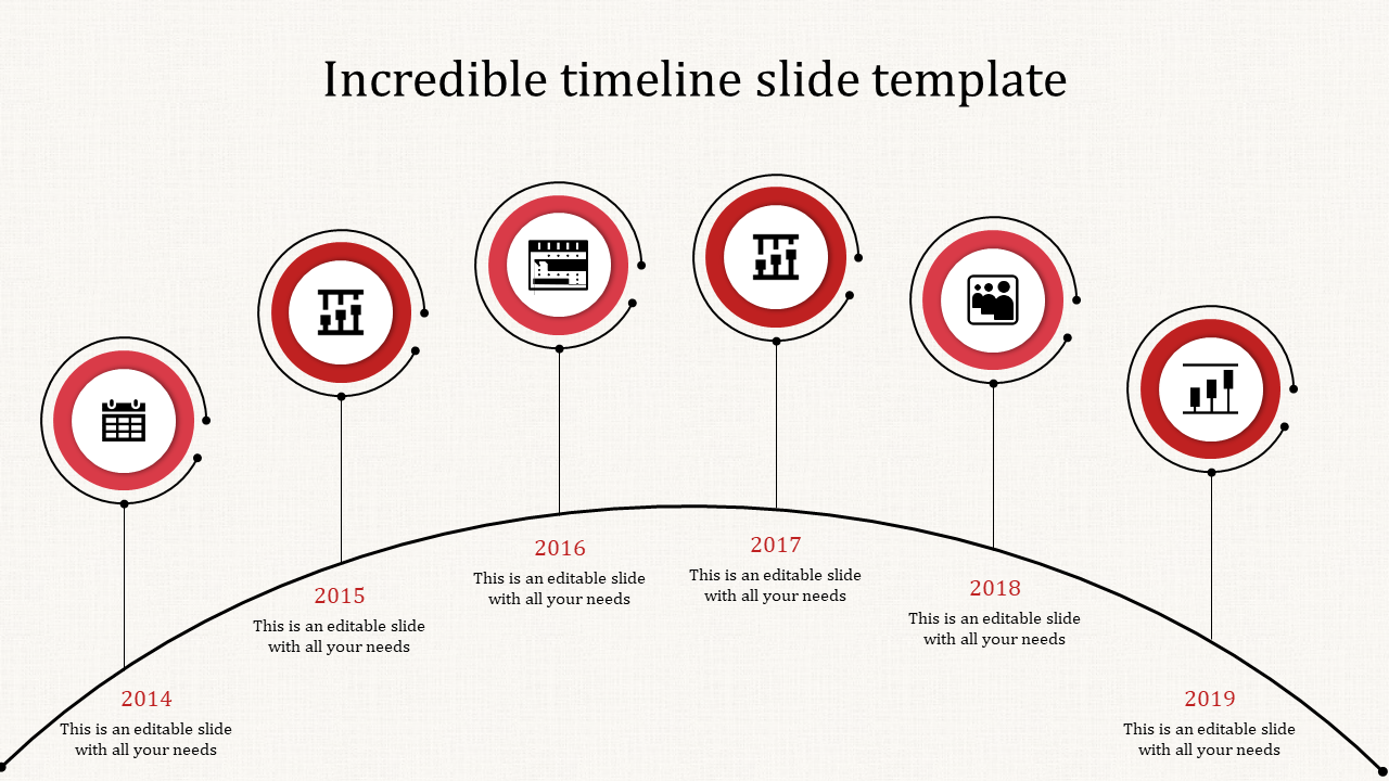 Illustrated timeline with circular markers containing icons, spanning six years from 2014 to 2019 in a curved layout.