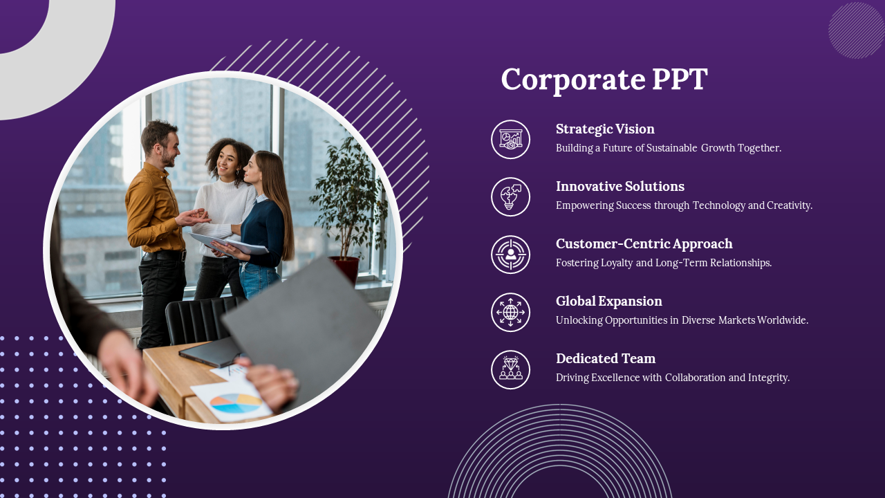 Purple themed corporate slide with a circular team photo on the left and white text with icons on the right.